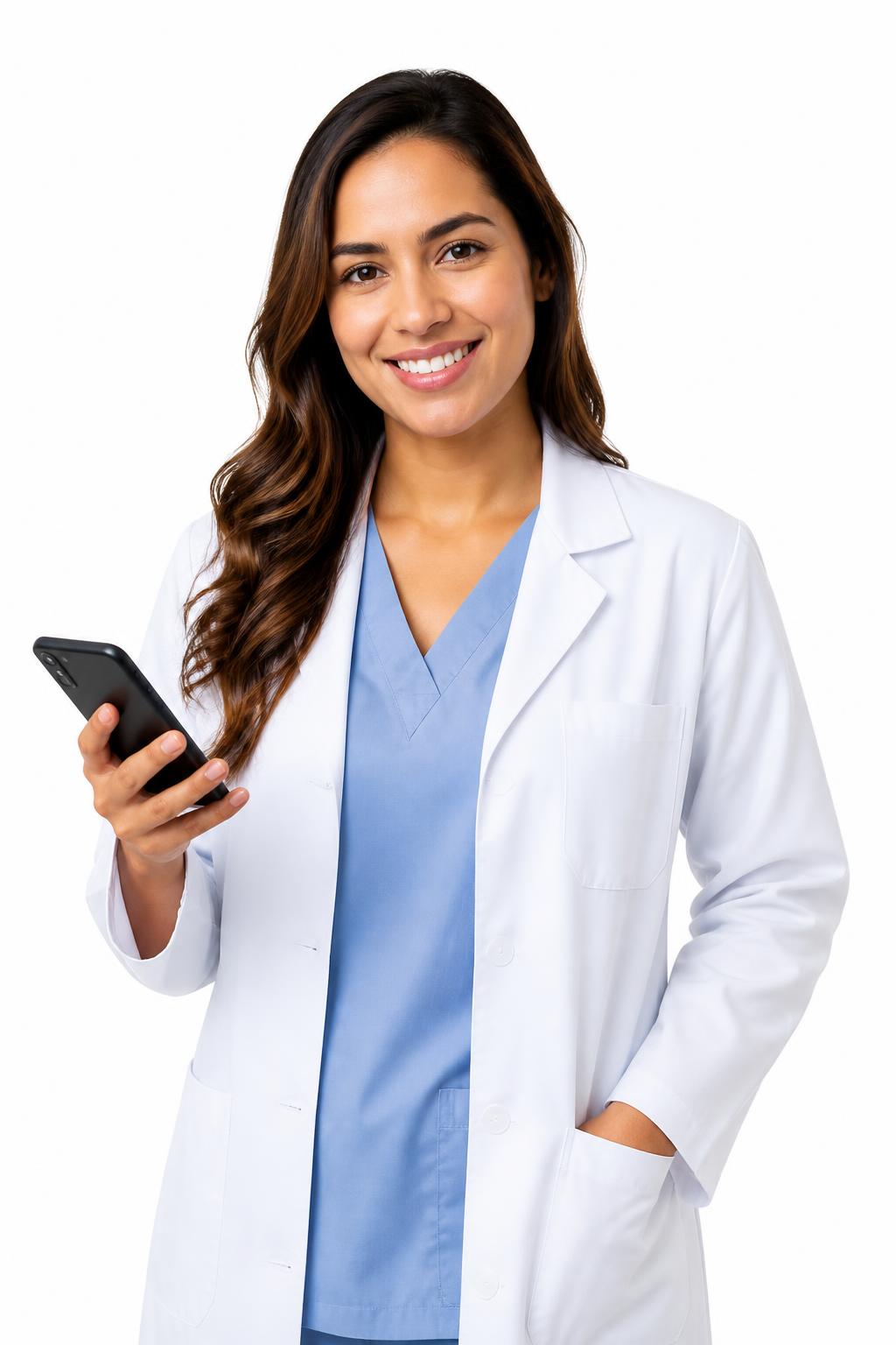 Médica sorrindo segurando um smartphone